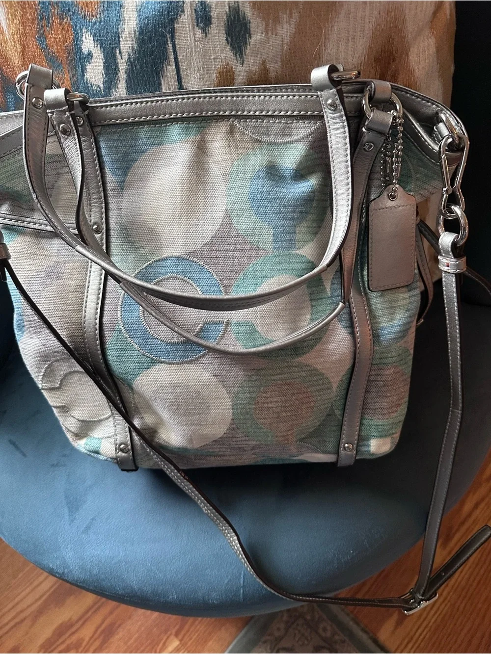 Coach Silver Metallic & Blue Signature Canvas Shoulder Bag